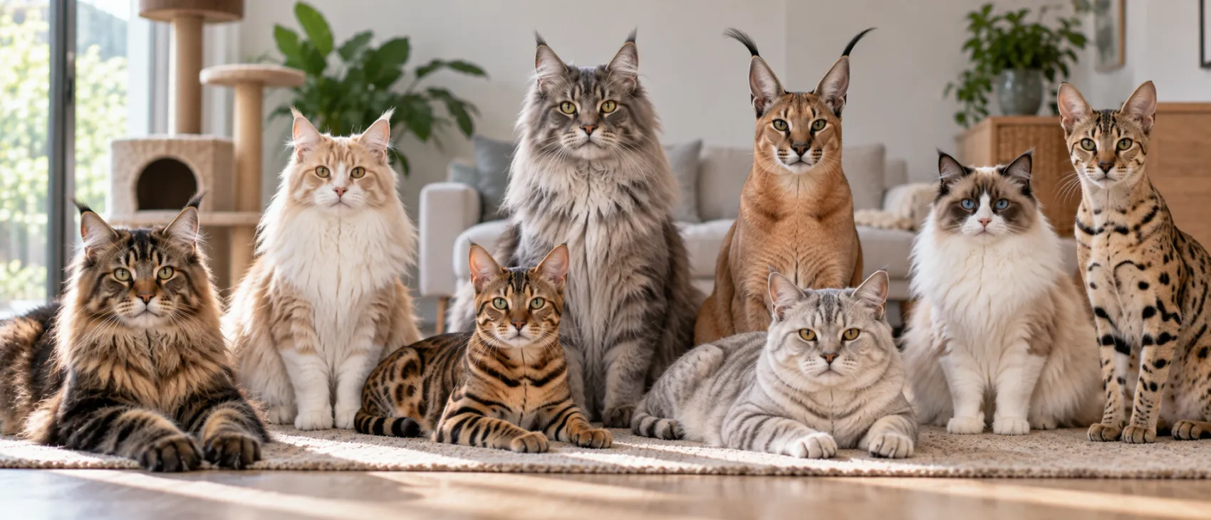 A lineup of large cat breeds sitting together indoors.