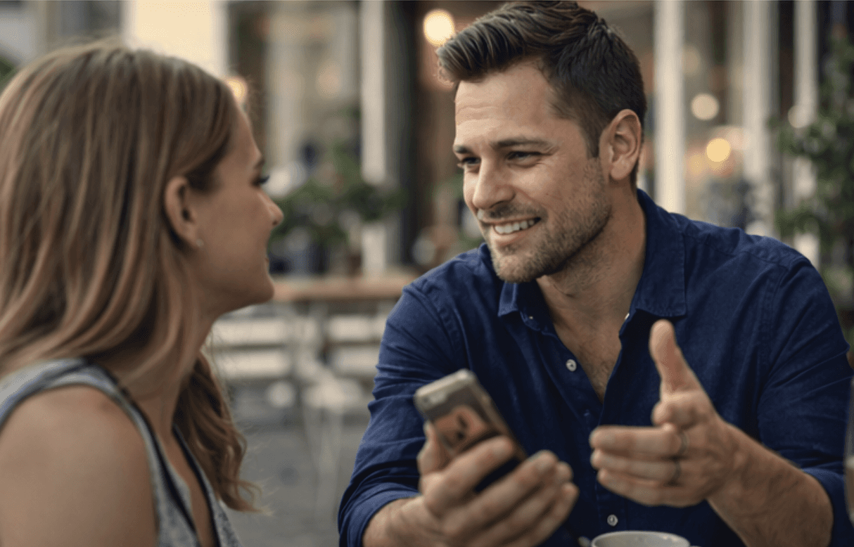 ein mann der mit einer blonden frau flirtet