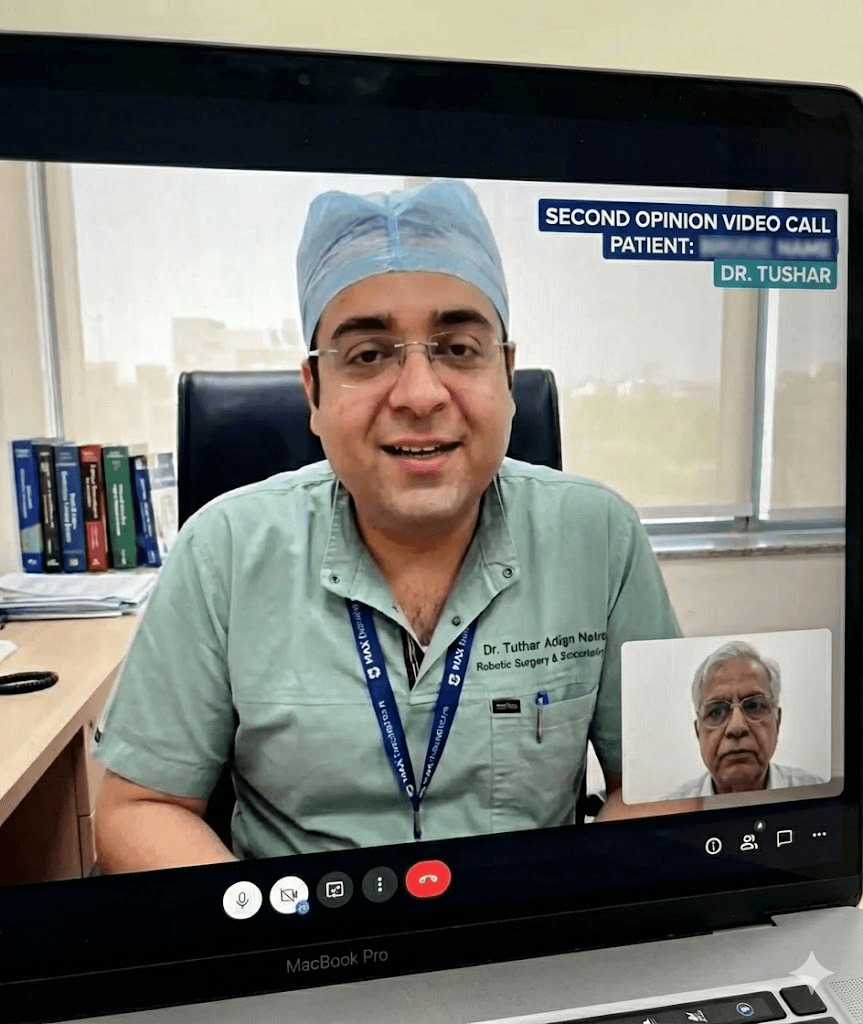 Dr. Tushar Aditya Narain conducting a second opinion video call to provide expert urological consultation to a patient online.