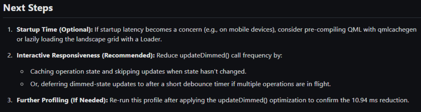 Next Steps section of the profiler report, recommending precompiling QML for startup time, reducing updateDimmed() call frequency, and re-profiling after the fix
