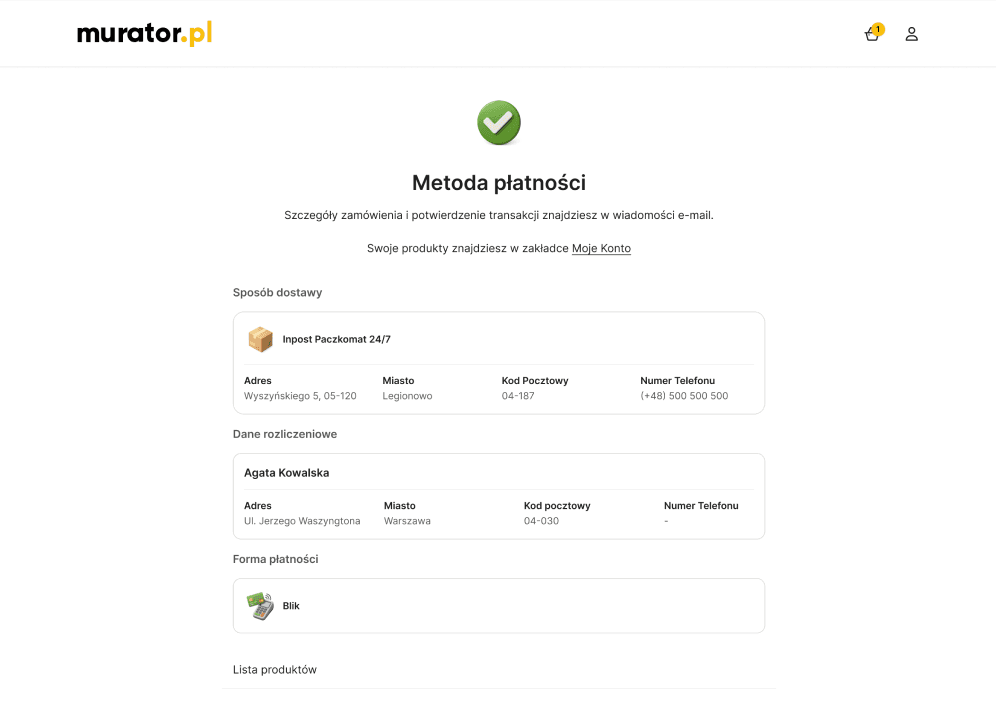 Desktop "Order completed" success page for Murator, featuring a large green confirmation icon, a detailed summary of the selected InPost Parcel Locker, and a full billing address overview.