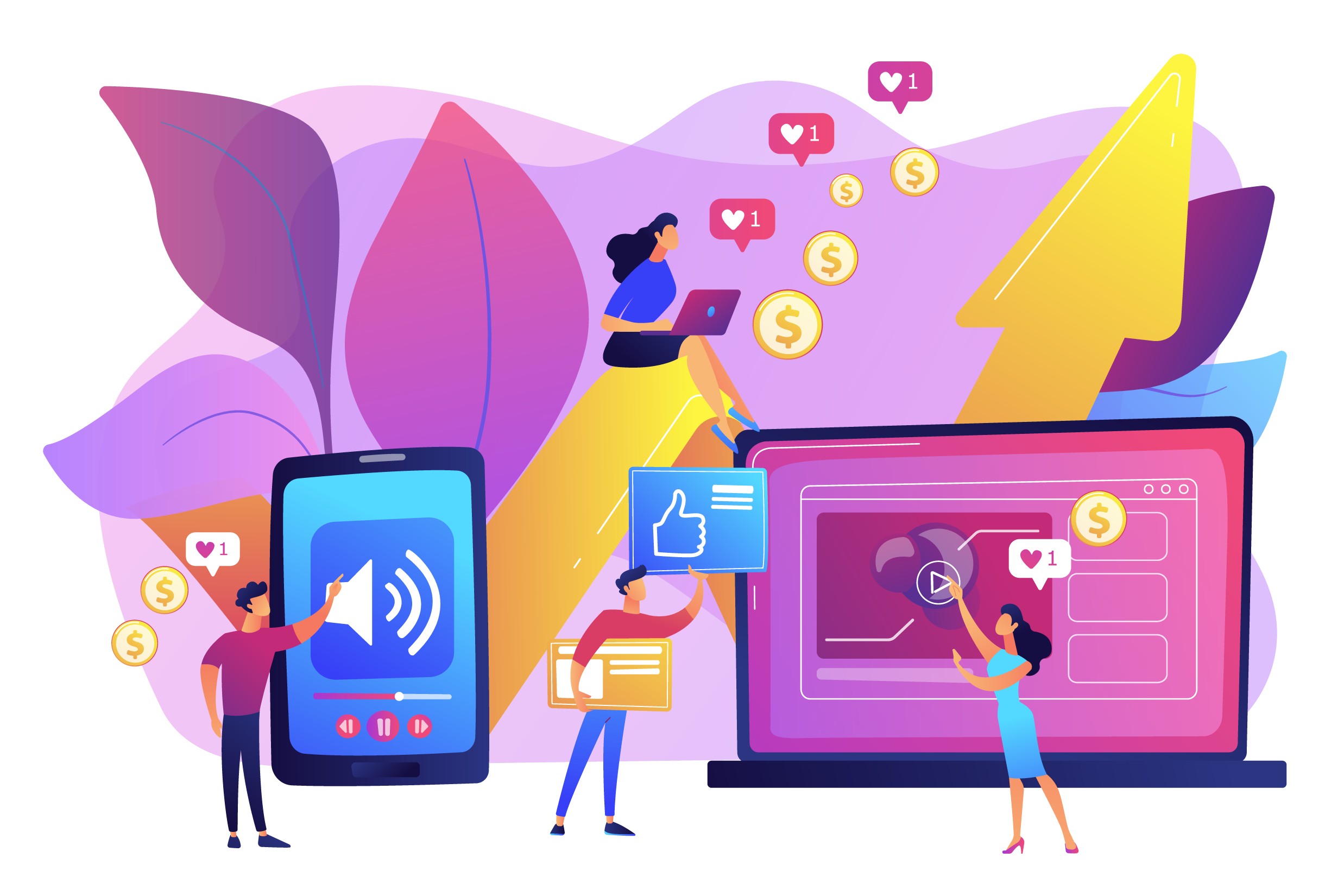 Marketers managing social engagement and video content across devices, representing influencer campaign performance and ROI