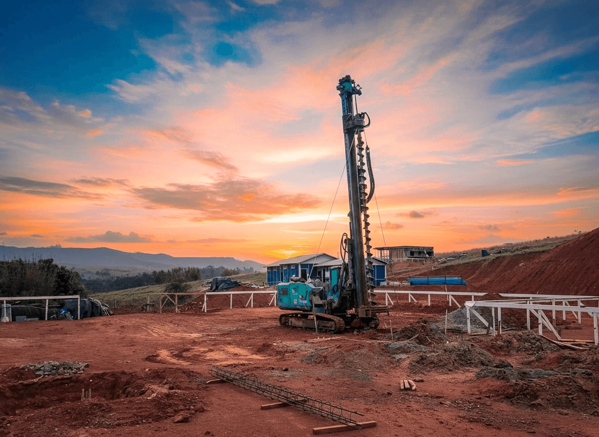 Máquina perfuratriz no centro de uma escavação com solo de terra vermelha, com estruturas de proteção brancas ao redor. O sol está se pondo atrás das colinas, criando um forte brilho laranja.