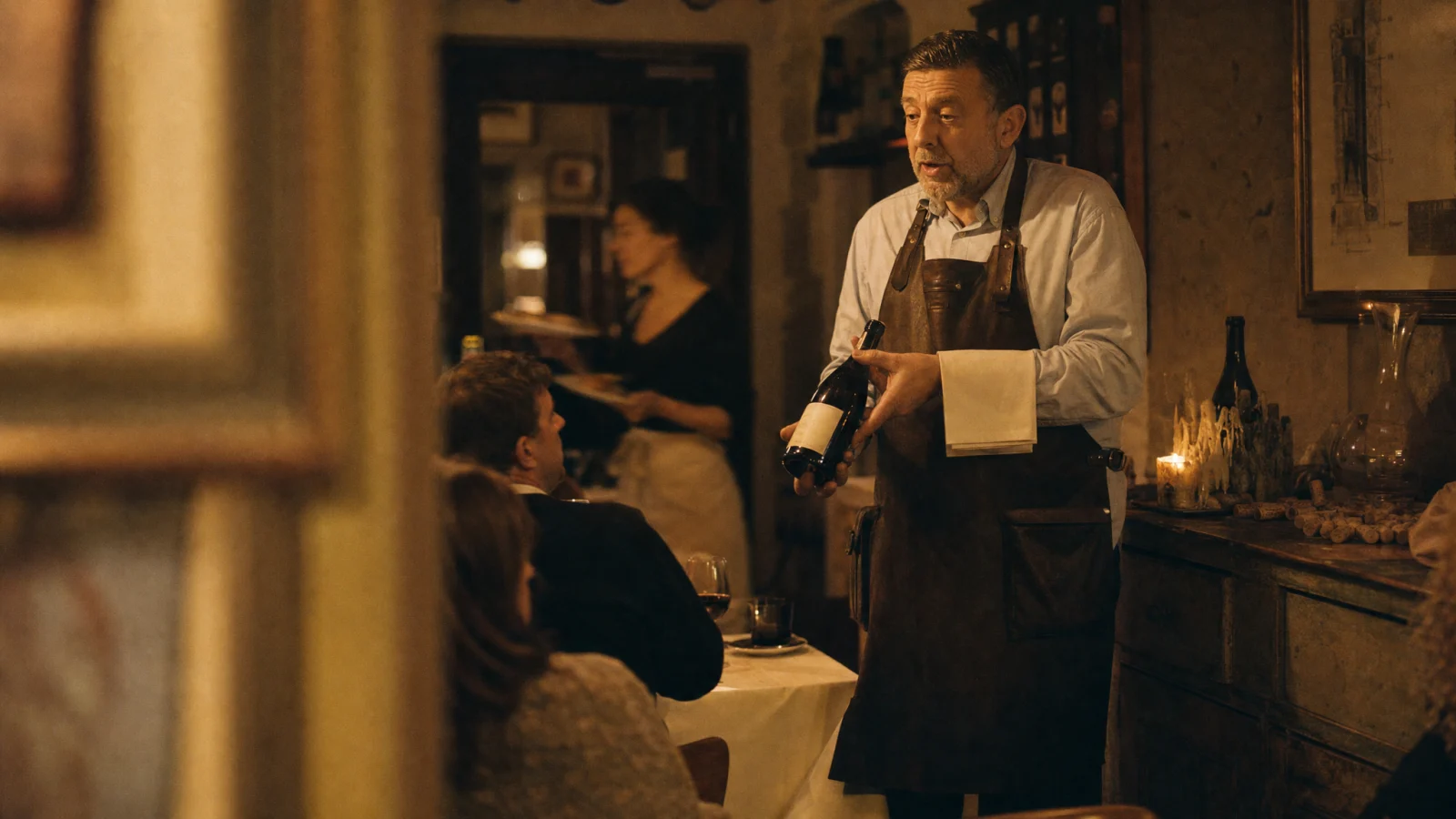 Sommelier presenta una bottiglia a una coppia al tavolo dell'enoteca durante il servizio serale