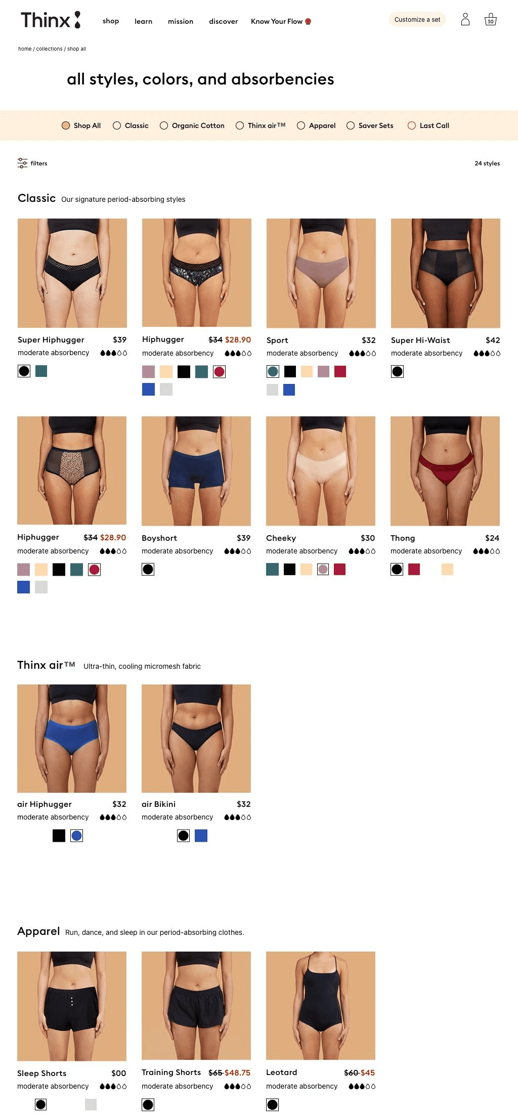 Desktop Thinx Collections Page