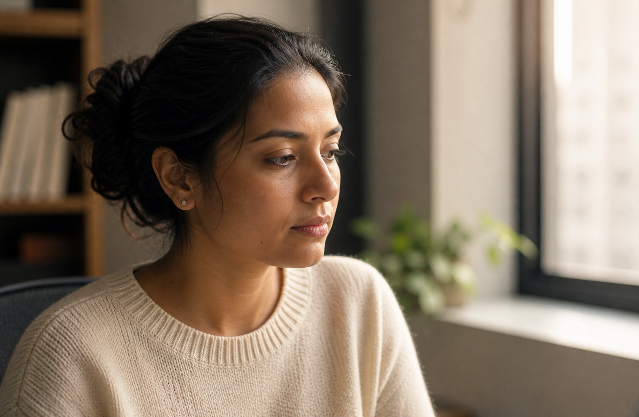 Depressed women looking out of window