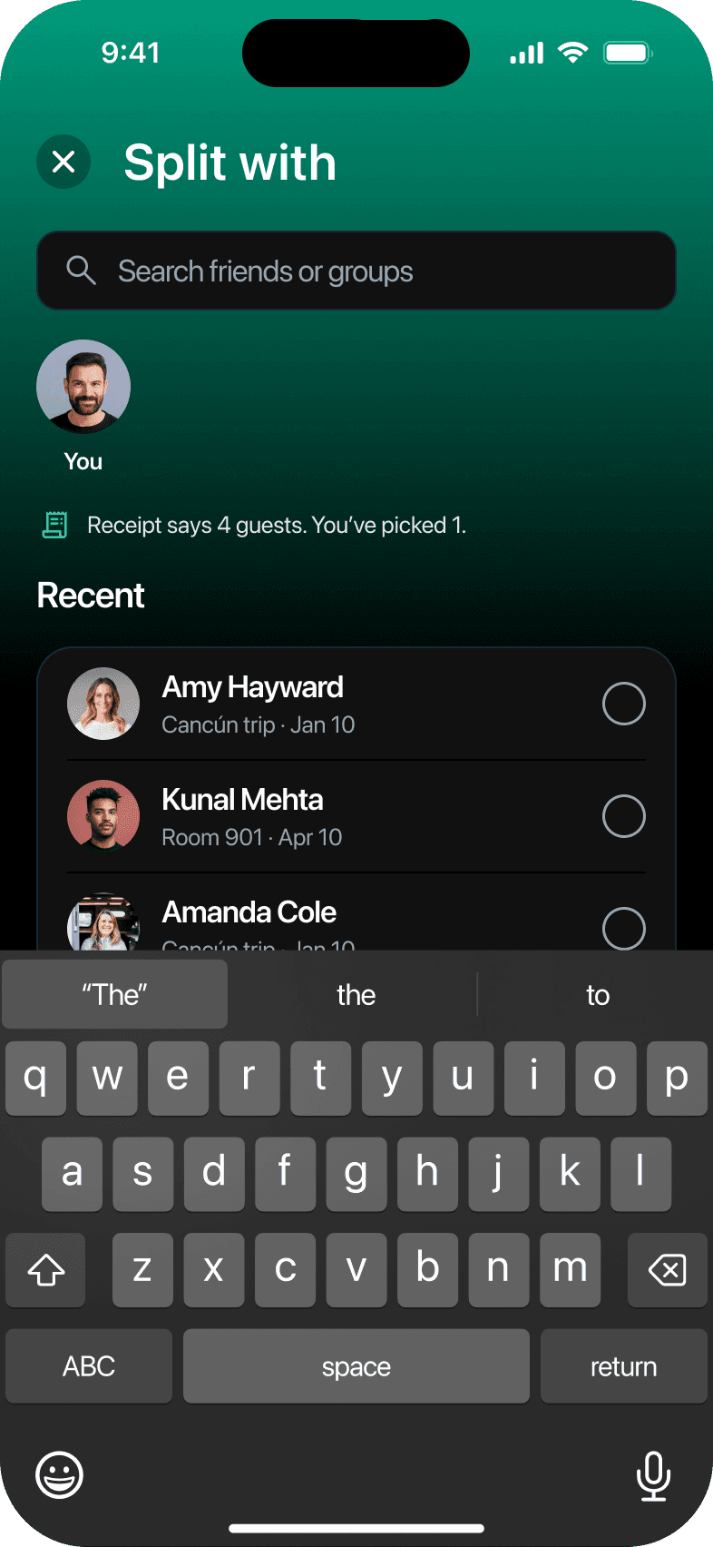 The search field is focused and the keyboard is up