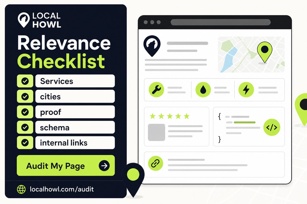 Local Howl relevance checklist for services, cities, proof, schema, and internal links
