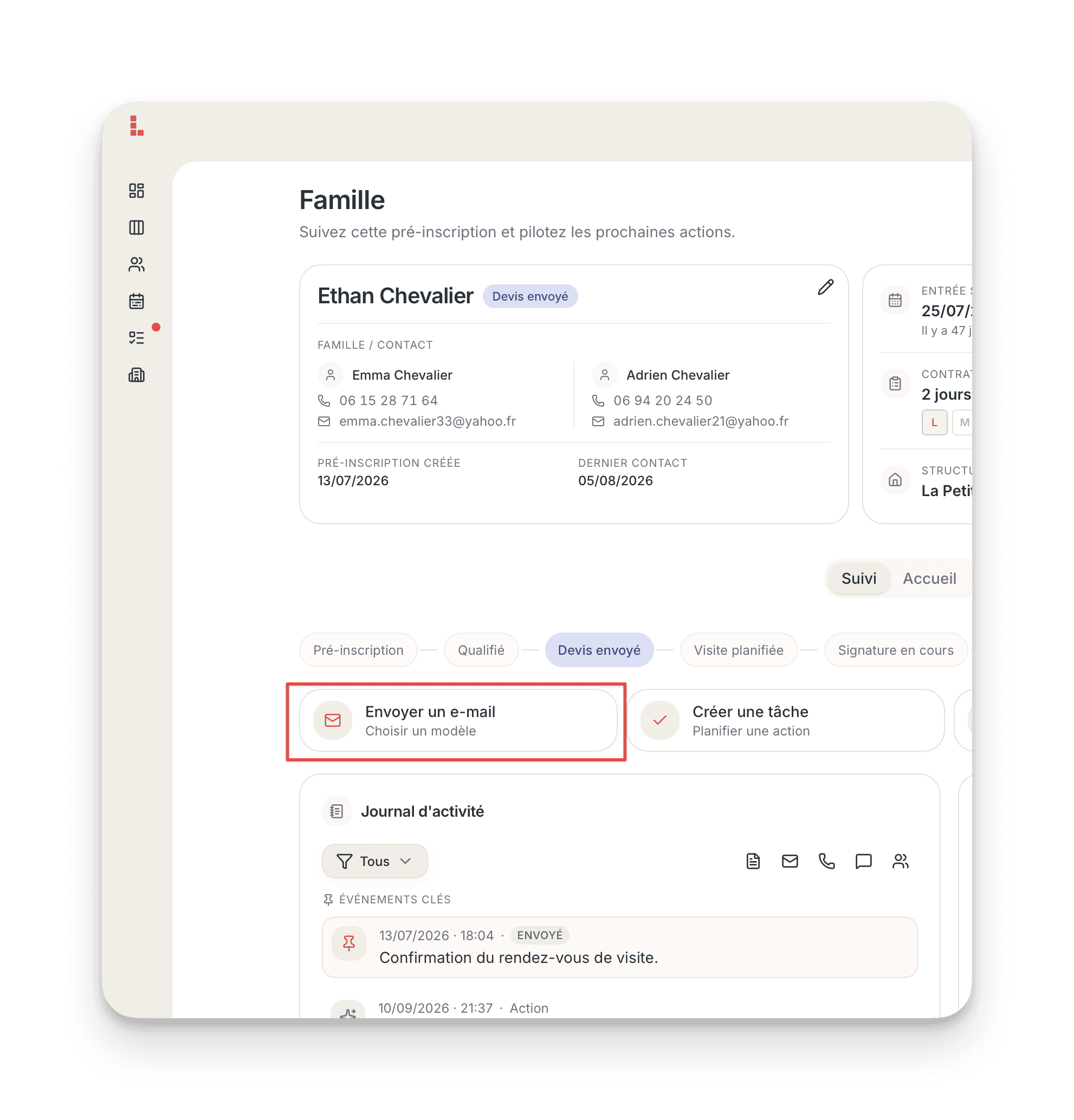 Envoyez un nouvel e-mail depuis les actions de suivi de la fiche famille.