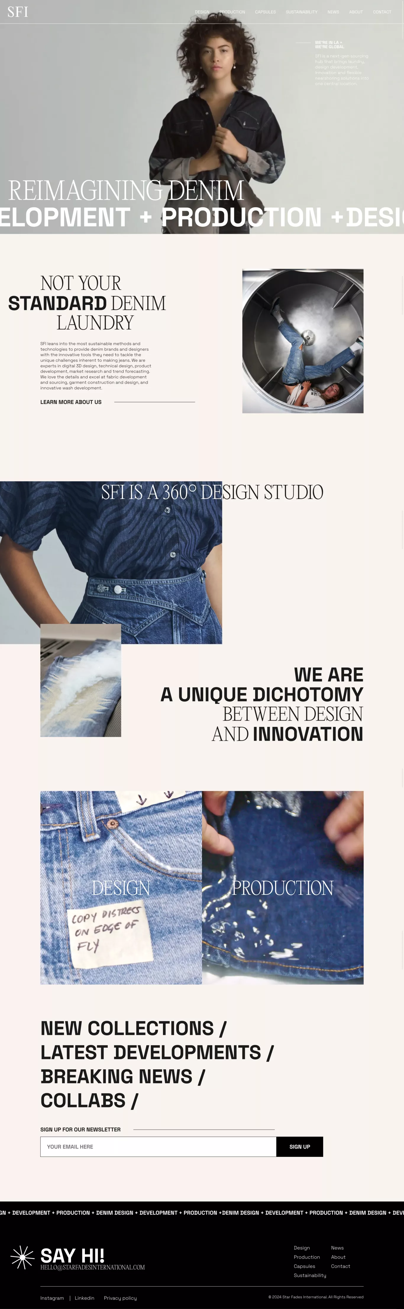 SFI - Star Fades International landing page screenshot showcasing Design and Fashion design