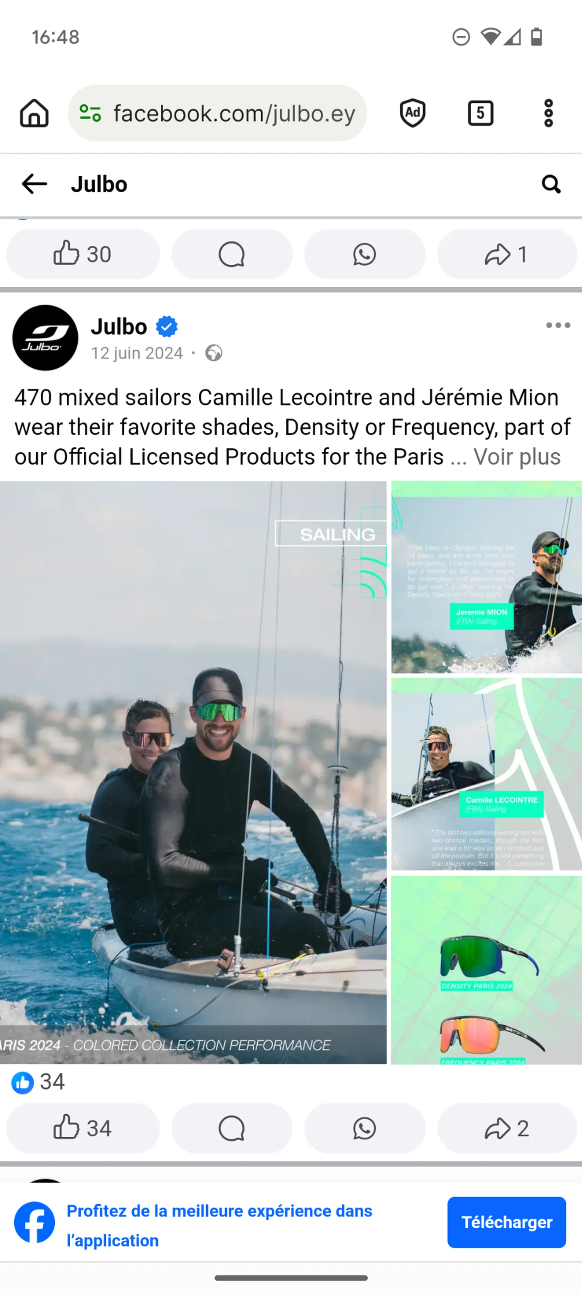 Facebook post featuring sunglasses in use at sea