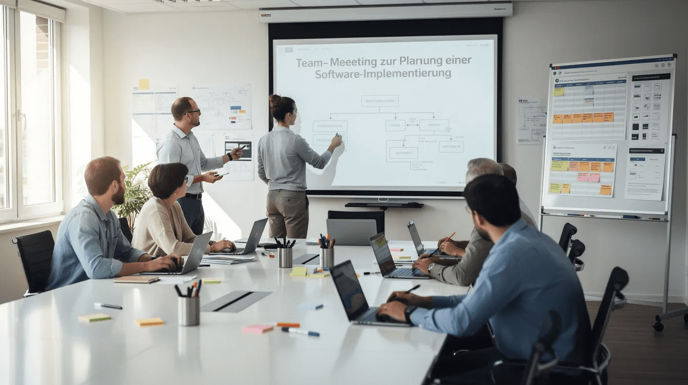 Das Bild zeigt ein Team-Meeting, in dem mehrere Mitarbeiter eines B2B-Unternehmens um einen Tisch versammelt sind, um die Implementierung eines CRM-Systems zu planen. Auf dem Tisch liegen Notizen, Laptops und ein Whiteboard, auf dem Schritte zur Optimierung von Vertriebsprozessen und Marketingkampagnen skizziert sind.