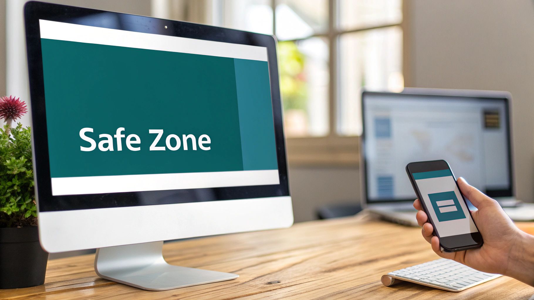 A desktop monitor displaying 'Safe Zone' and a hand holding a smartphone with an equality symbol.