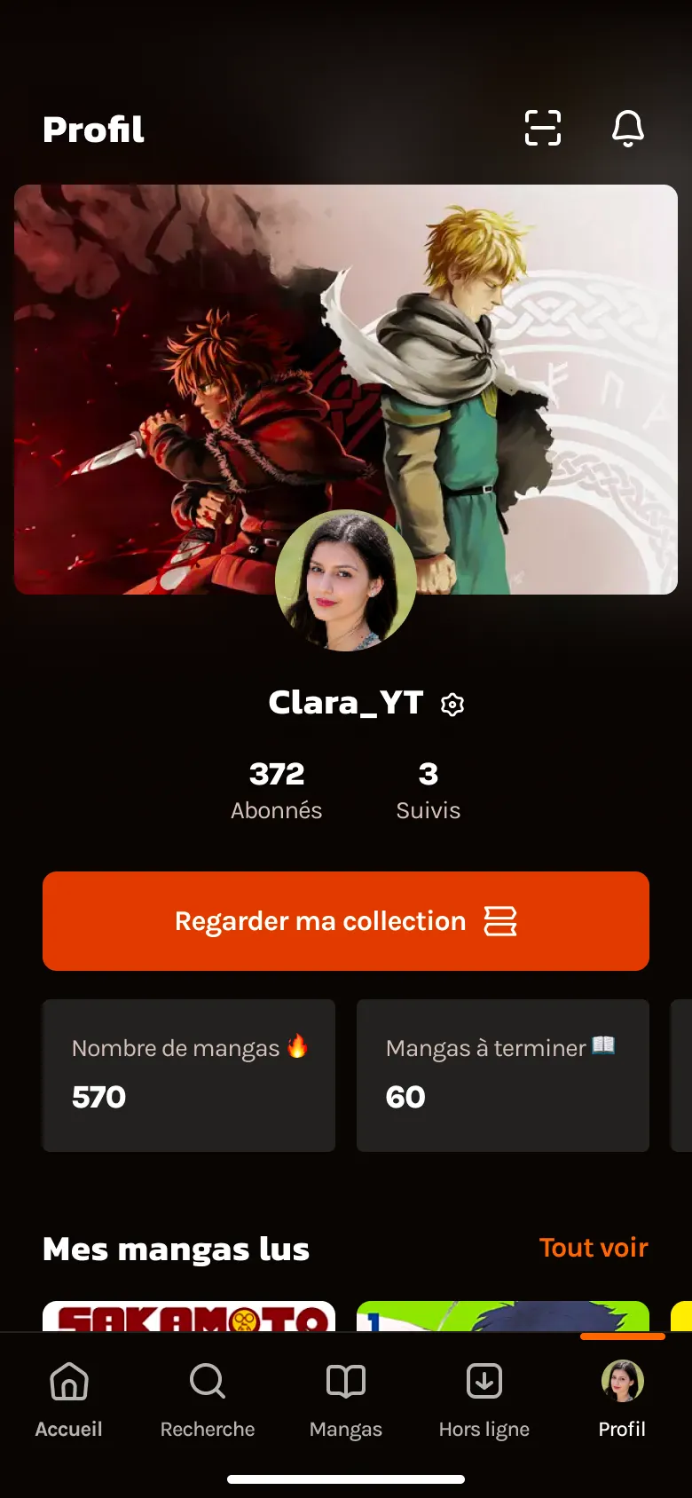 Page de profil, regroupant nos mangas lus ainsi que nos mangas favoris