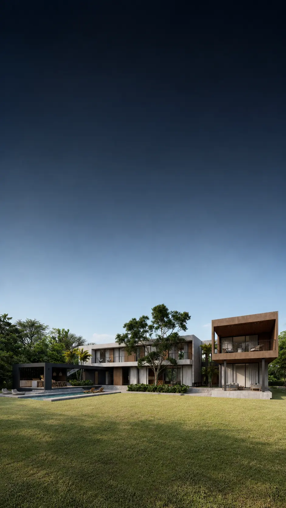 Modern Pinecrest, Miami estate home at dusk with a cantilevered wood volume, floor-to-ceiling glass, pool, and expansive lawn under a deep blue sky