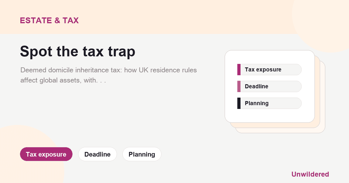 Explainer card for Deemed Domicile and Inheritance Tax: What Millionaires Need to Know in 2025: Tax exposure, Deadline, Planning.