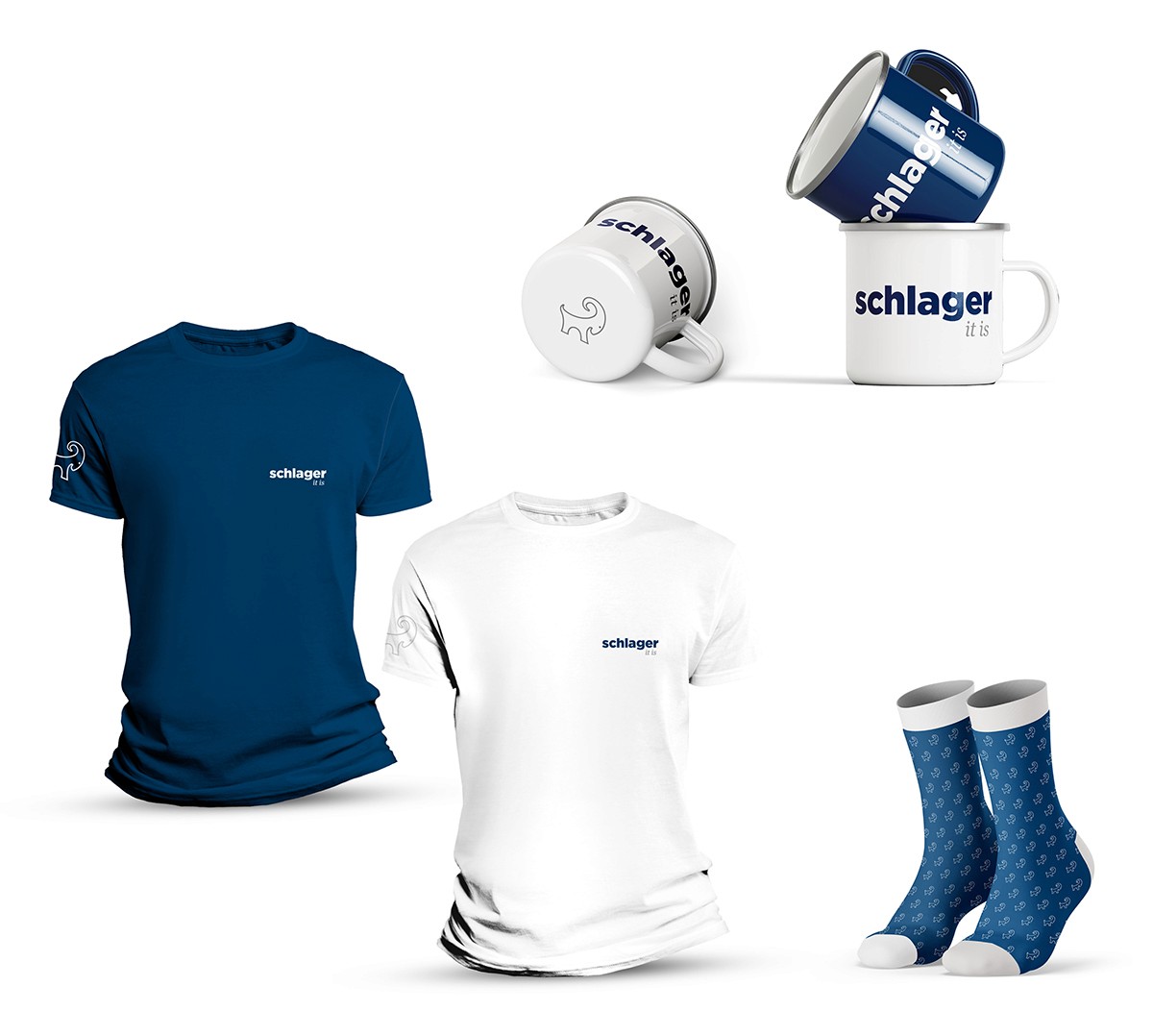 Merchandise: Emaille-Tassen und T-Shirts