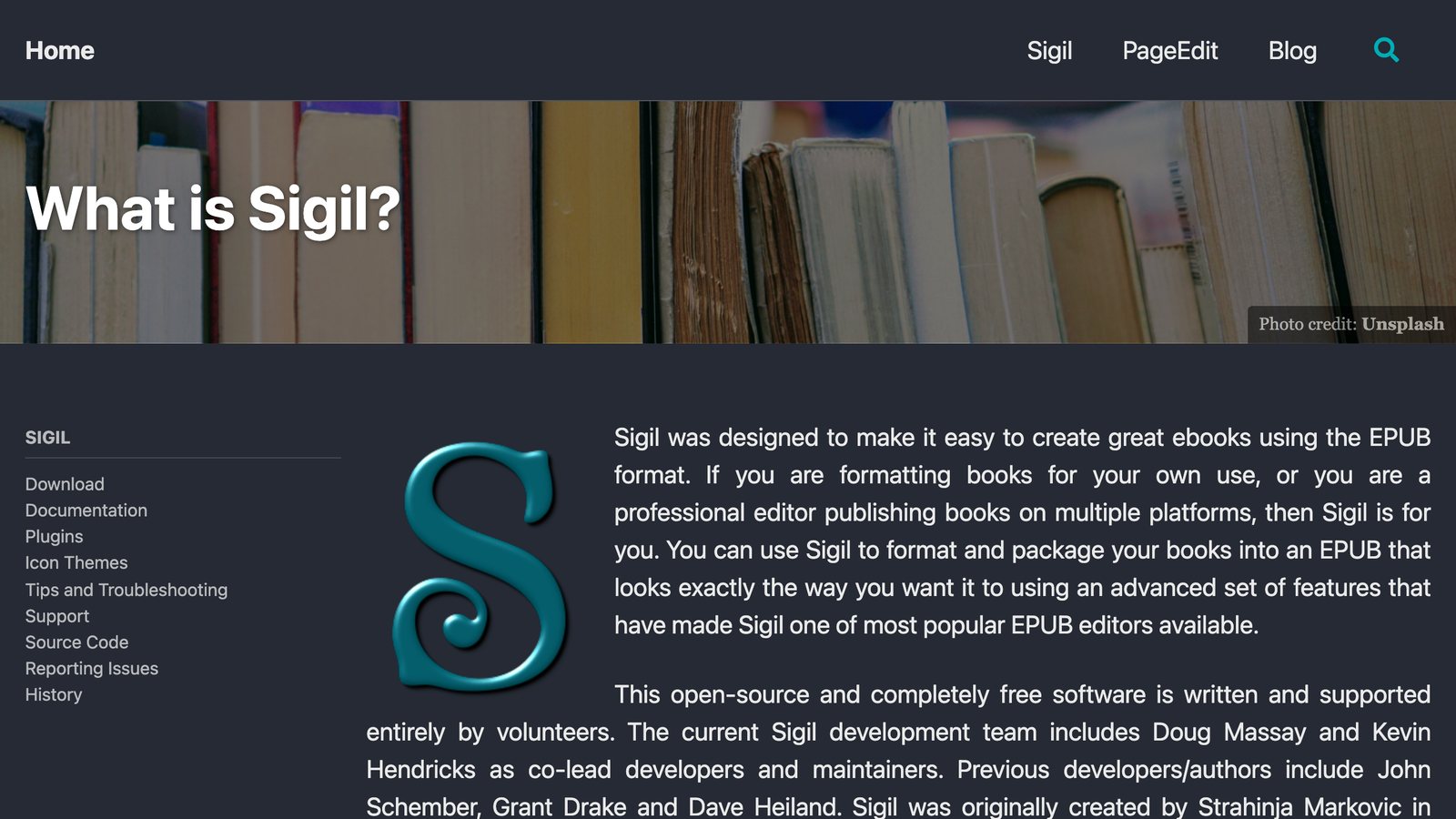 The What is Sigil page on the Sigil website, saying Sigil was designed to make it easy to create great ebooks using the EPUB format