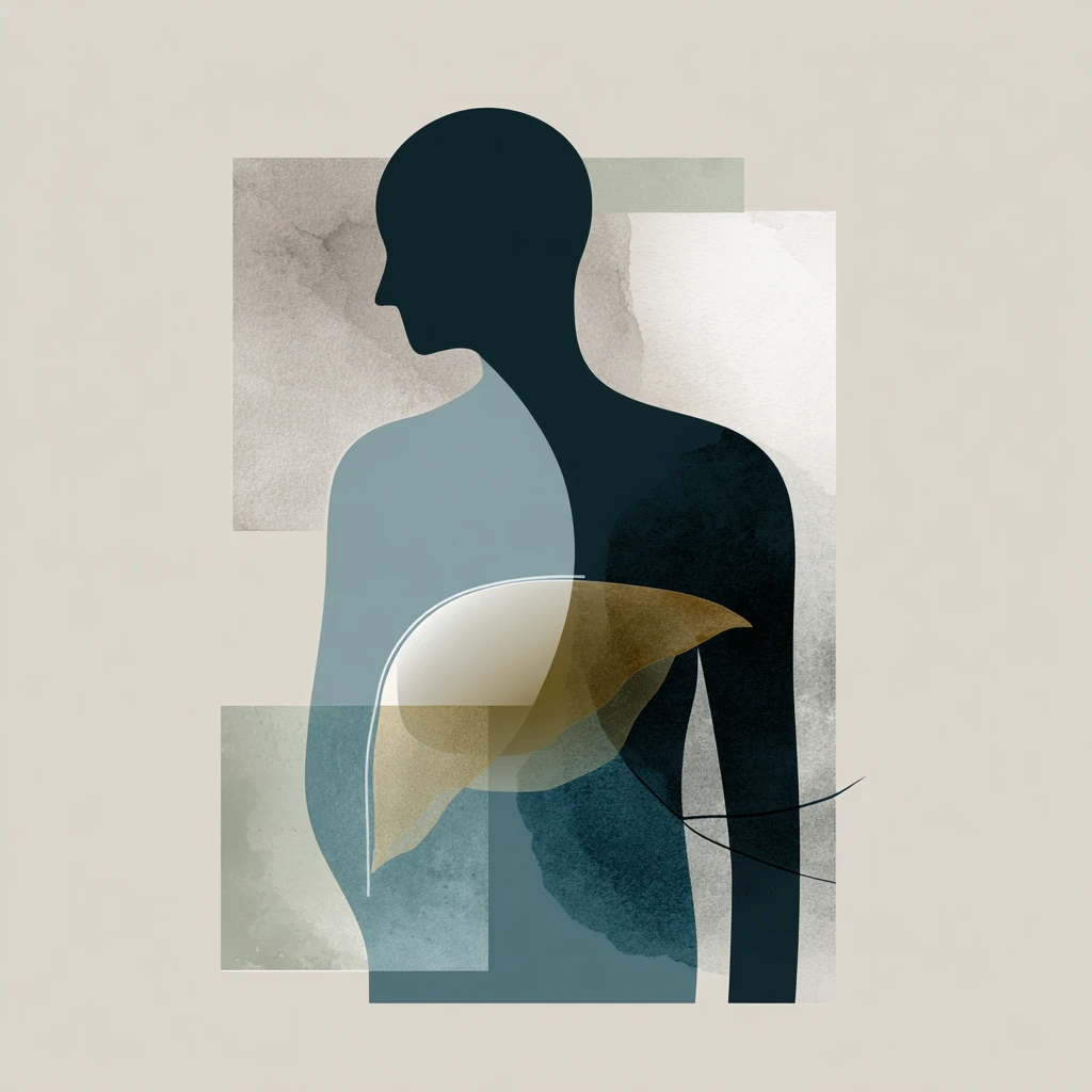 Semi abstract wellness image of an anonymous figure with soft torso silhouette and gentle emphasis on the liver area, representing fatty liver disease.
