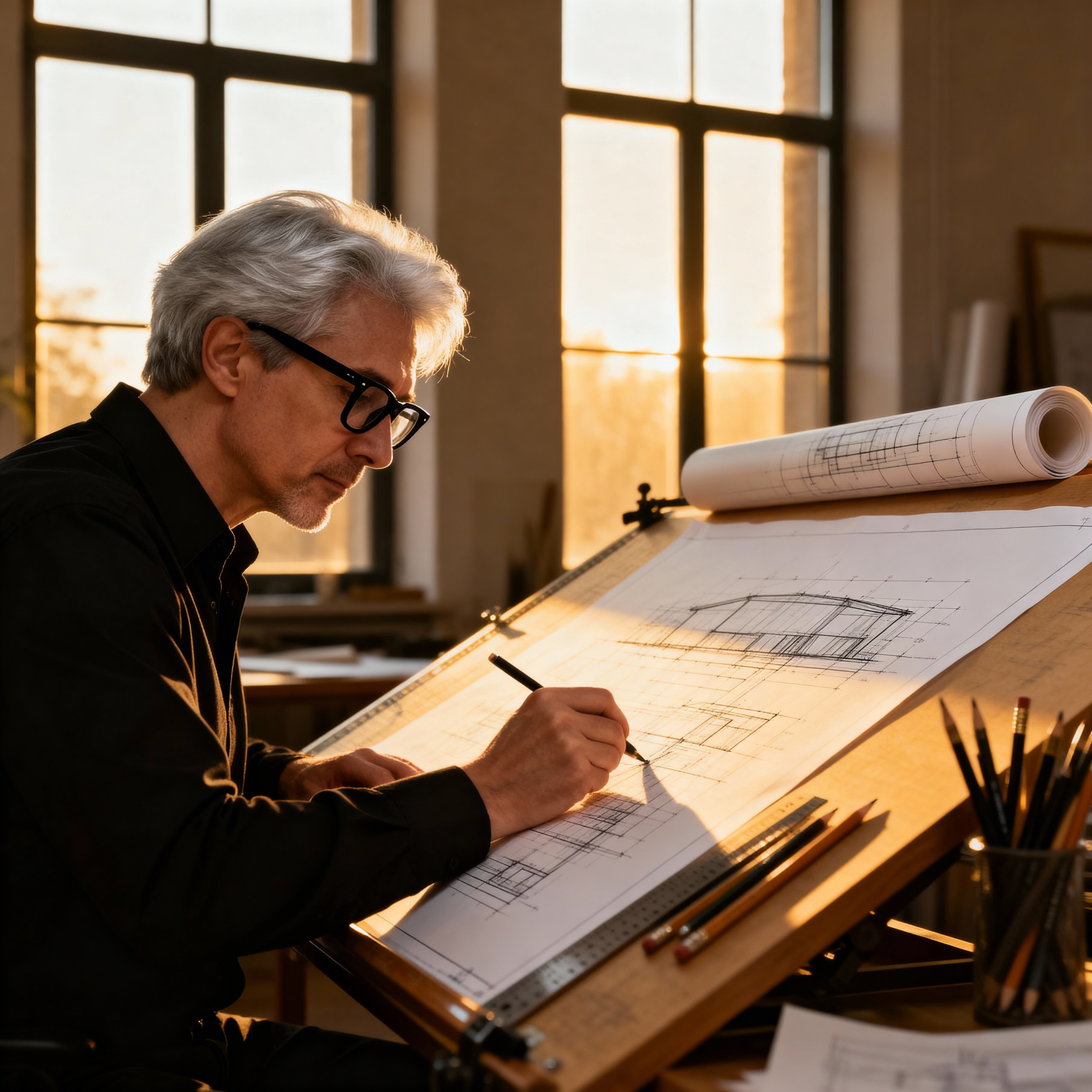 Architect sketching blueprints at a drafting table during golden hour, sunlight illuminating the workspace through tall studio windows.