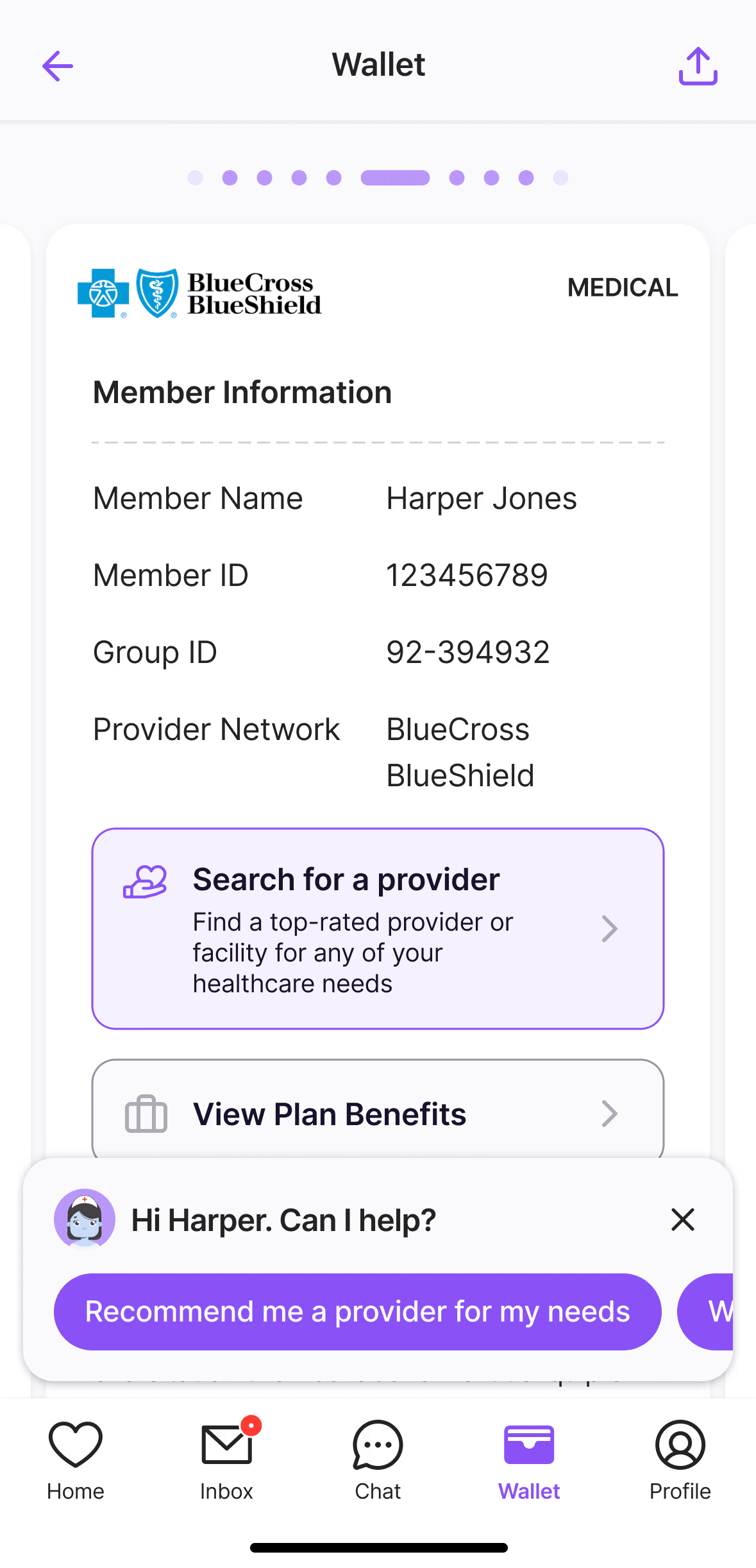 HealthJoy member app Wallet showing a member's medical insurance card details, provider search, plan benefits access, and Joy AI chat support.
