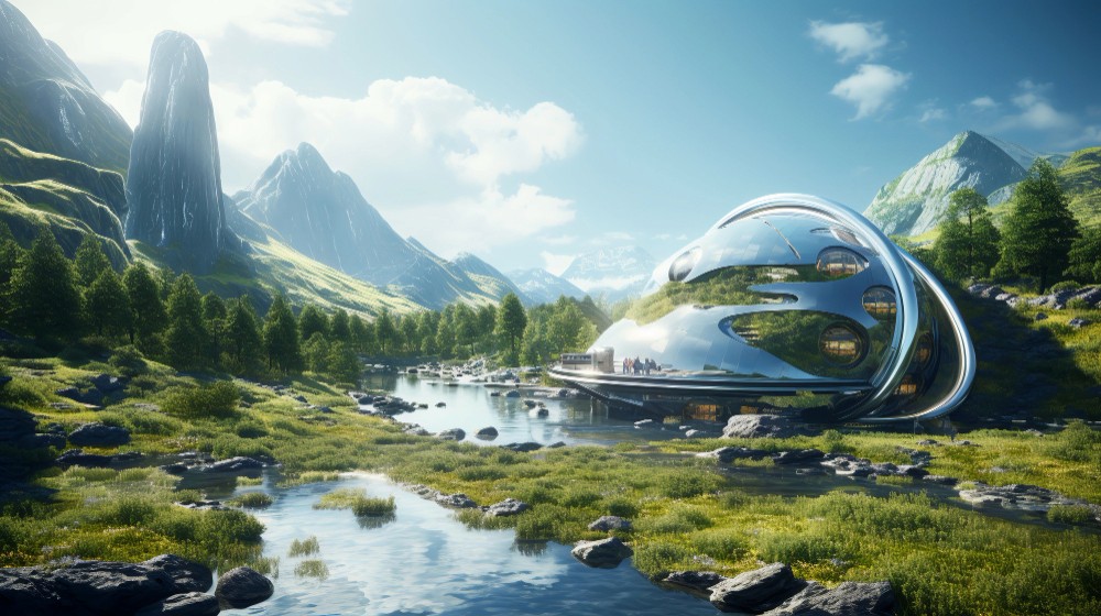 A futuristic chrome building set beside a river in a lush green mountain valley