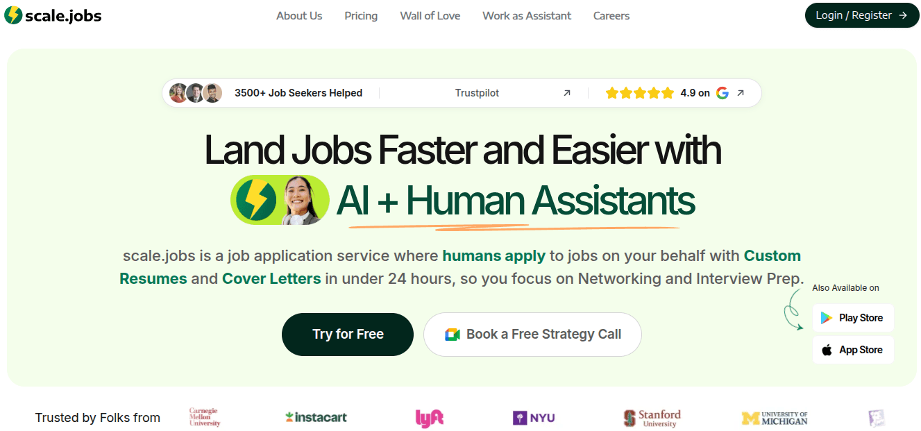 Scale.jobs homepage: human assistants apply to jobs for you and send a proof screenshot for each one