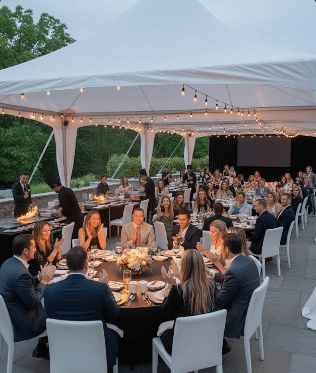 A beautifully arranged table with various dishes, fruits, and wine, evoking a warm dining atmosphere.
