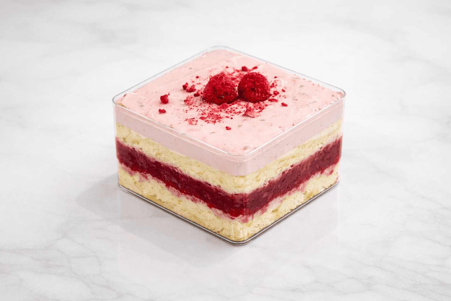 Layered strawberry cream dessert with fresh raspberries at TruLe Yours Cafe Seattle