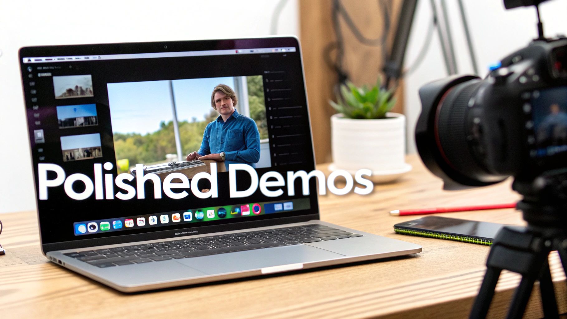 A laptop shows a man presenting 