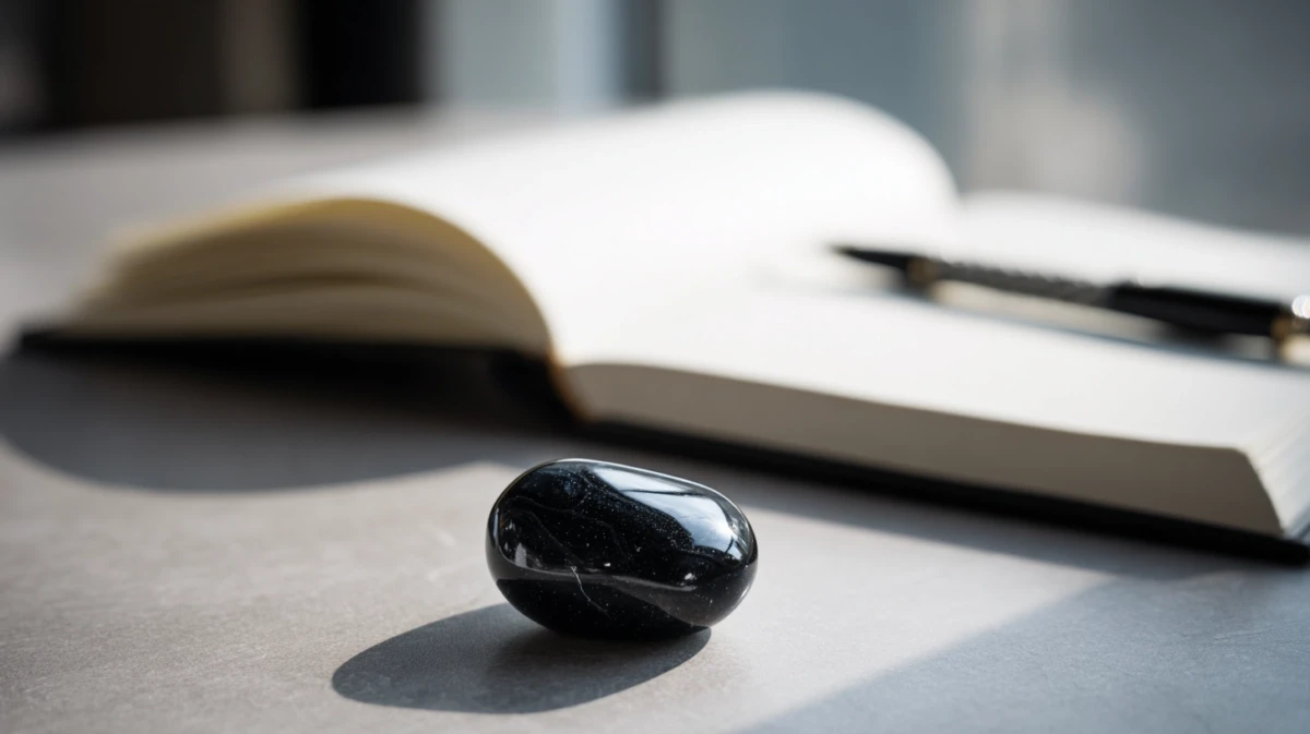 Black obsidian palm stone beside open journal