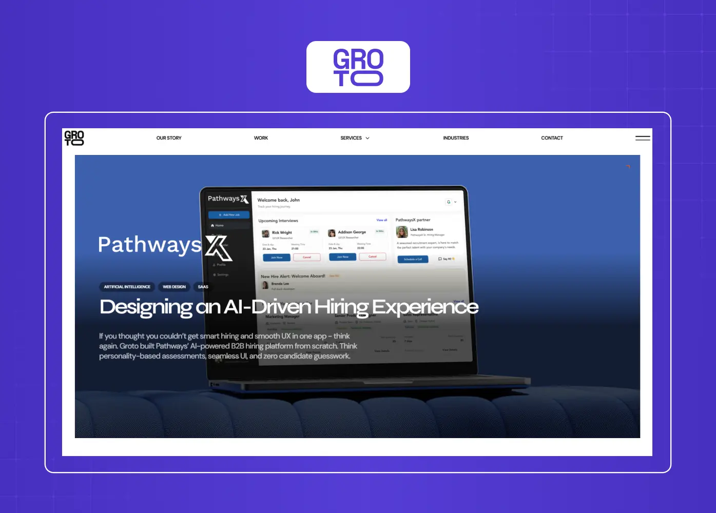 AI hiring platform case study page showcasing product strategy, UX design, and dashboard interfaces for recruitment workflows. 