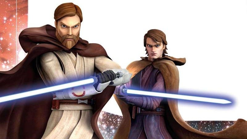 Anakin and Obi Wan holding their lightsabers in their Jedi robes