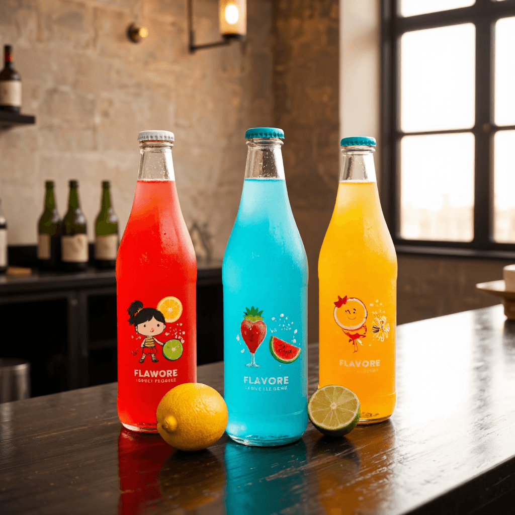 product photography of a set of flavored soft drink bottles