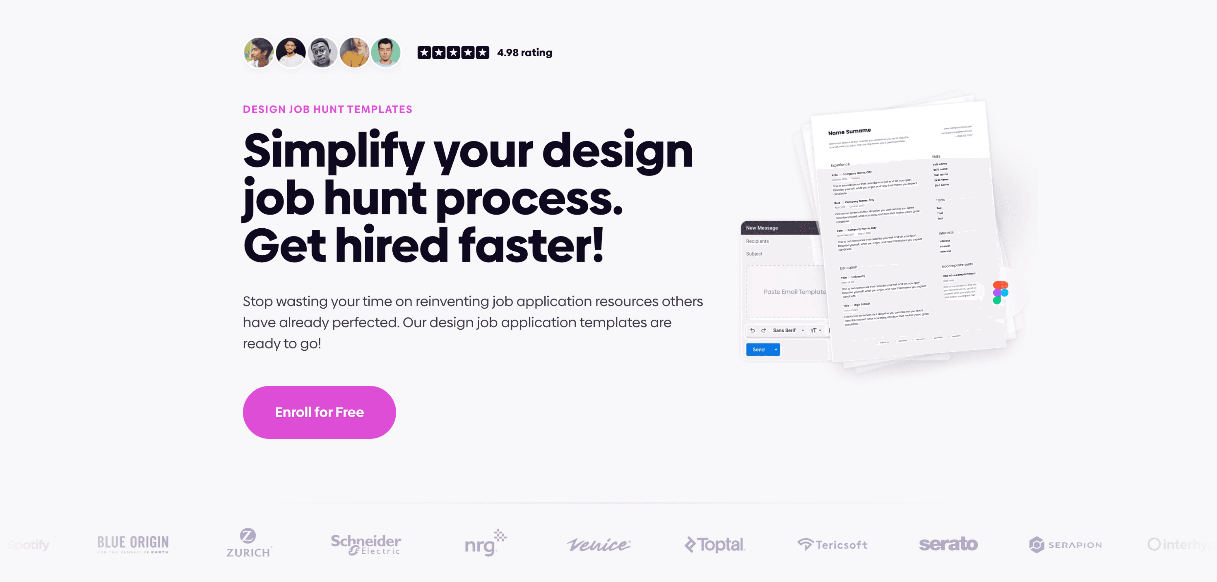 Design job hunt templates page promoting resources to simplify applications and help designers get hired faster.