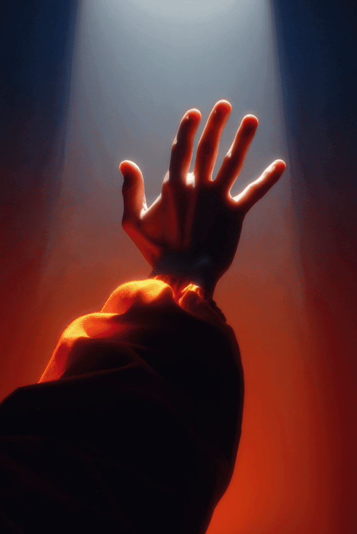 A hand extends upward, illuminated by soft light, symbolizing hope and aspiration.