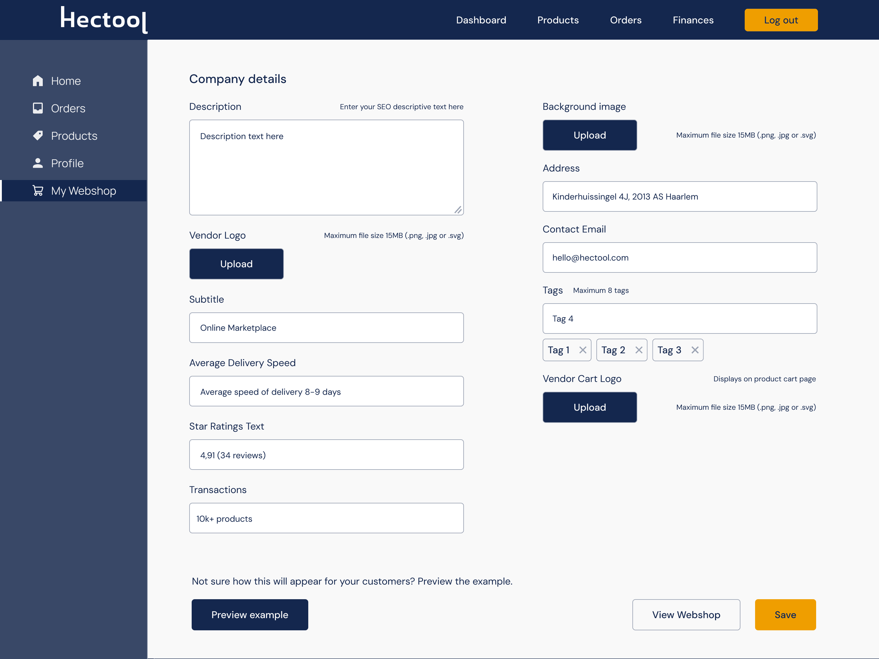 Manage shopfront screen