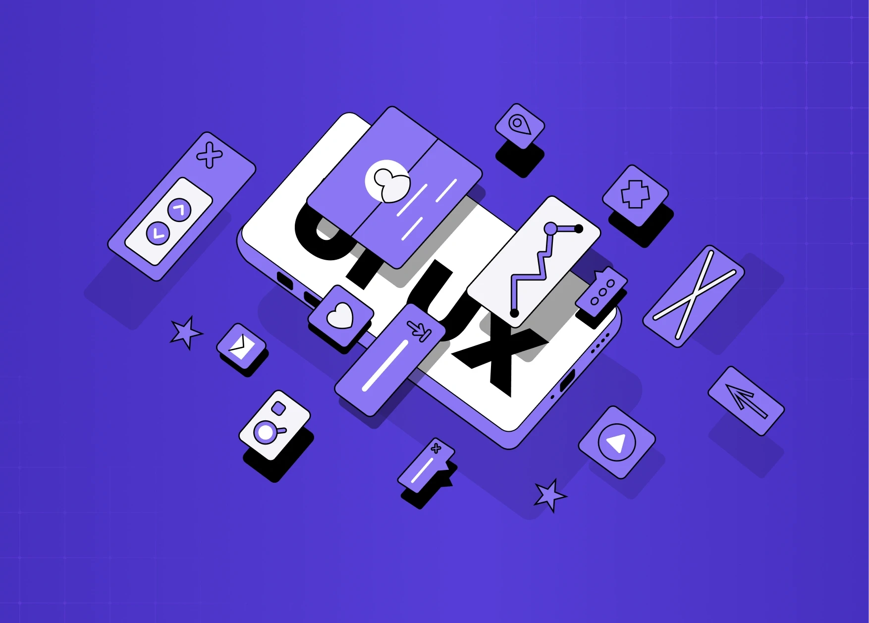 Isometric illustration of a mobile app interface with floating UI cards, analytics, icons, and interaction elements, representing digital product onboarding and user engagement.