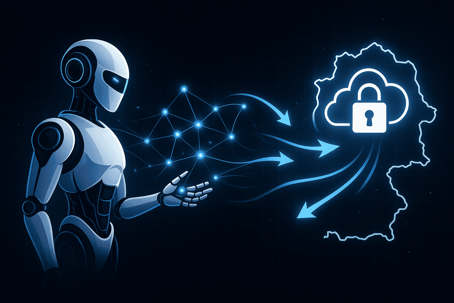 Autonomous AI agent imagery converging with geo-fenced sovereign cloud infrastructure concept.