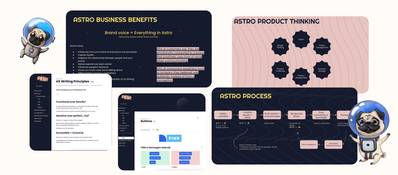 Collection of screenshots from Astro content writing guidelines and our internal secret planning. Lots of swish space-themed branding and a cute astronaught pug too.