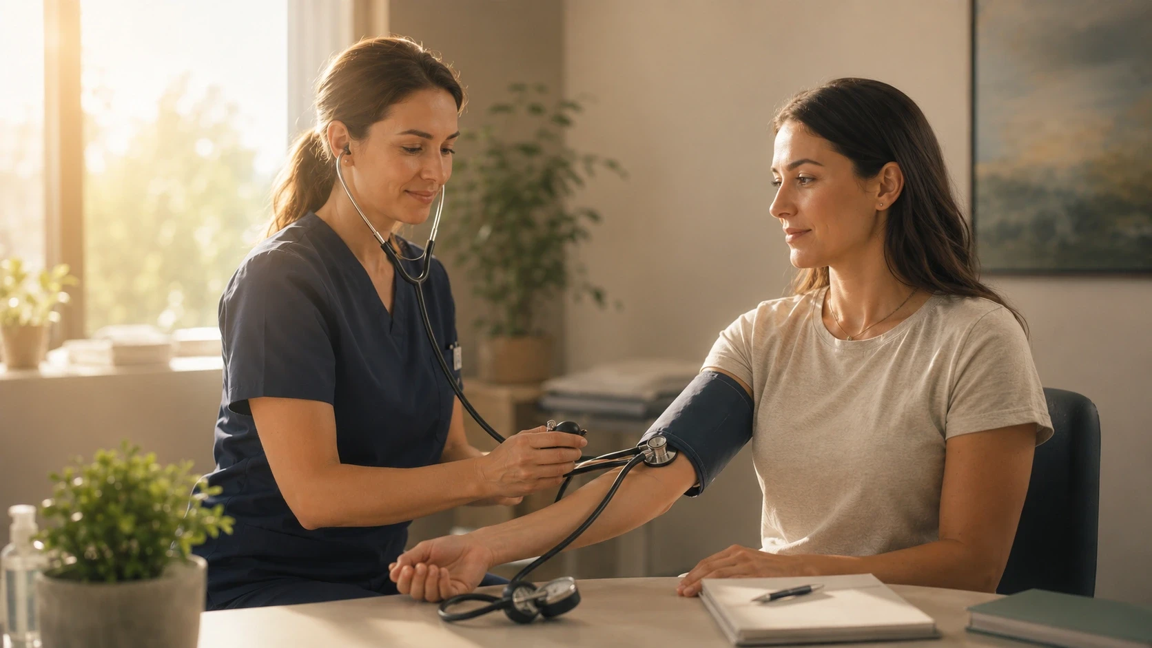 A clinician measuring a patient’s blood pressure with a manual cuff.