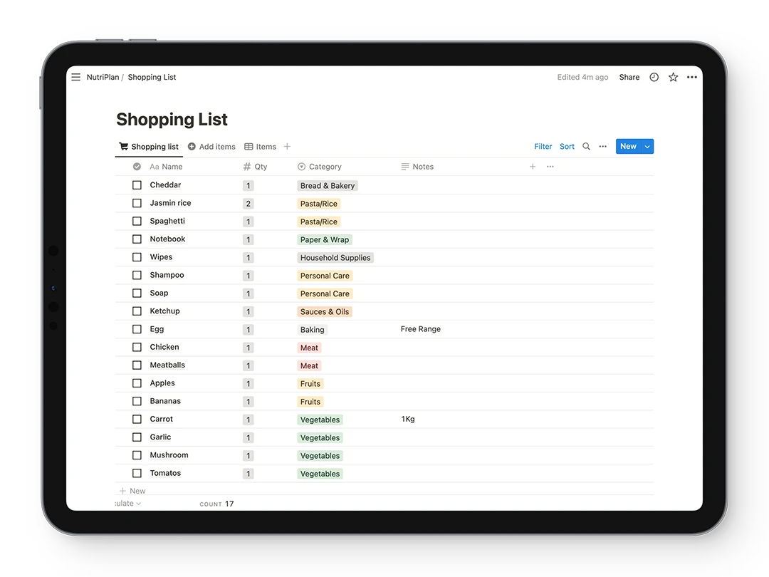 Screenshot of Notion template shopping list