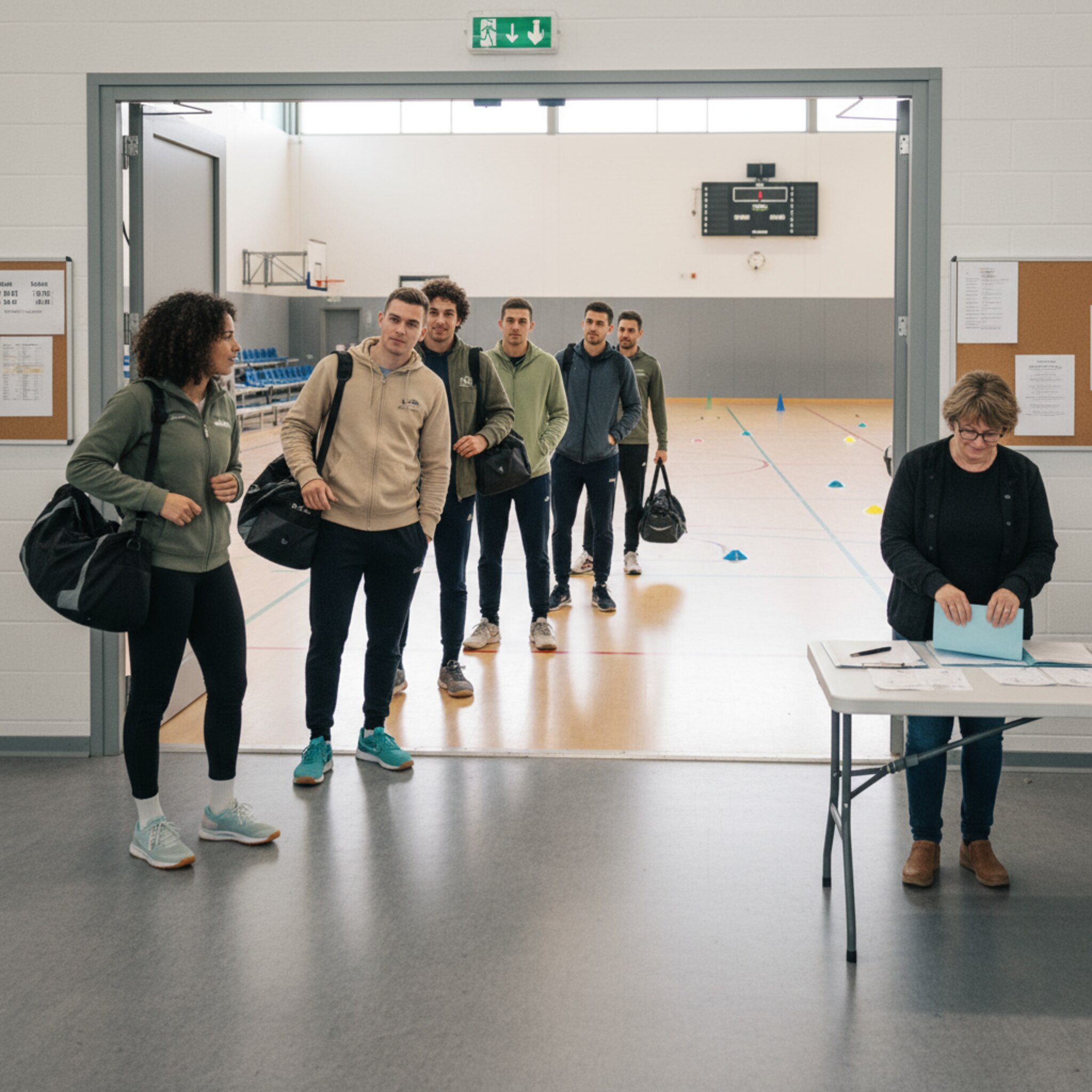 Ein Vereinsteam verlässt geordnet die Halle, während am Rand ein Verantwortlicher Belege sortiert und eine Papiermappe schließt. Die Felder sind leer und sauber vorbereitet für den nächsten Slot. Es wirkt, als seien Nutzung und Abschluss sauber dokumentiert.