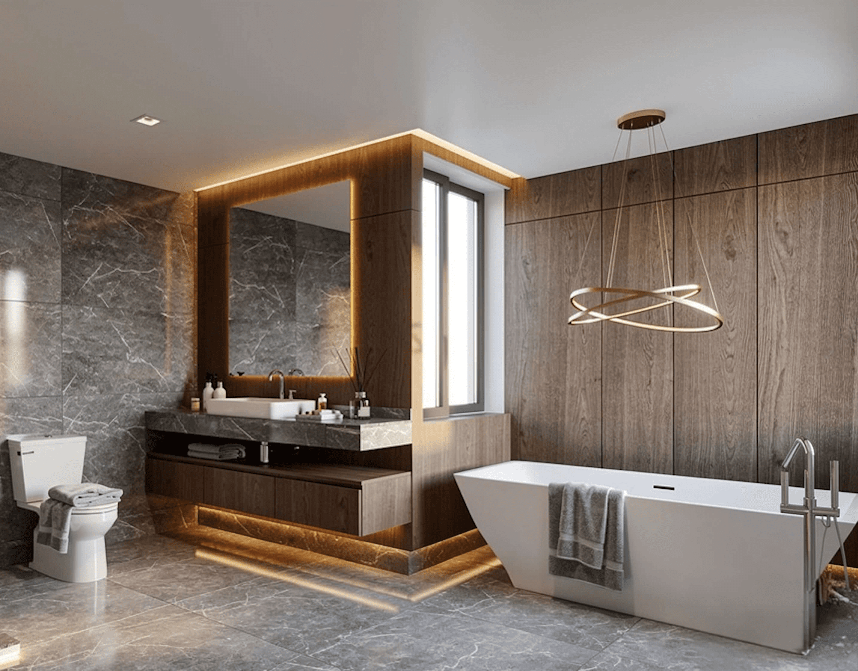 Contemporary bathroom with dark stone walls, walnut paneling, glass shower, floating vanity, and modern freestanding tub.