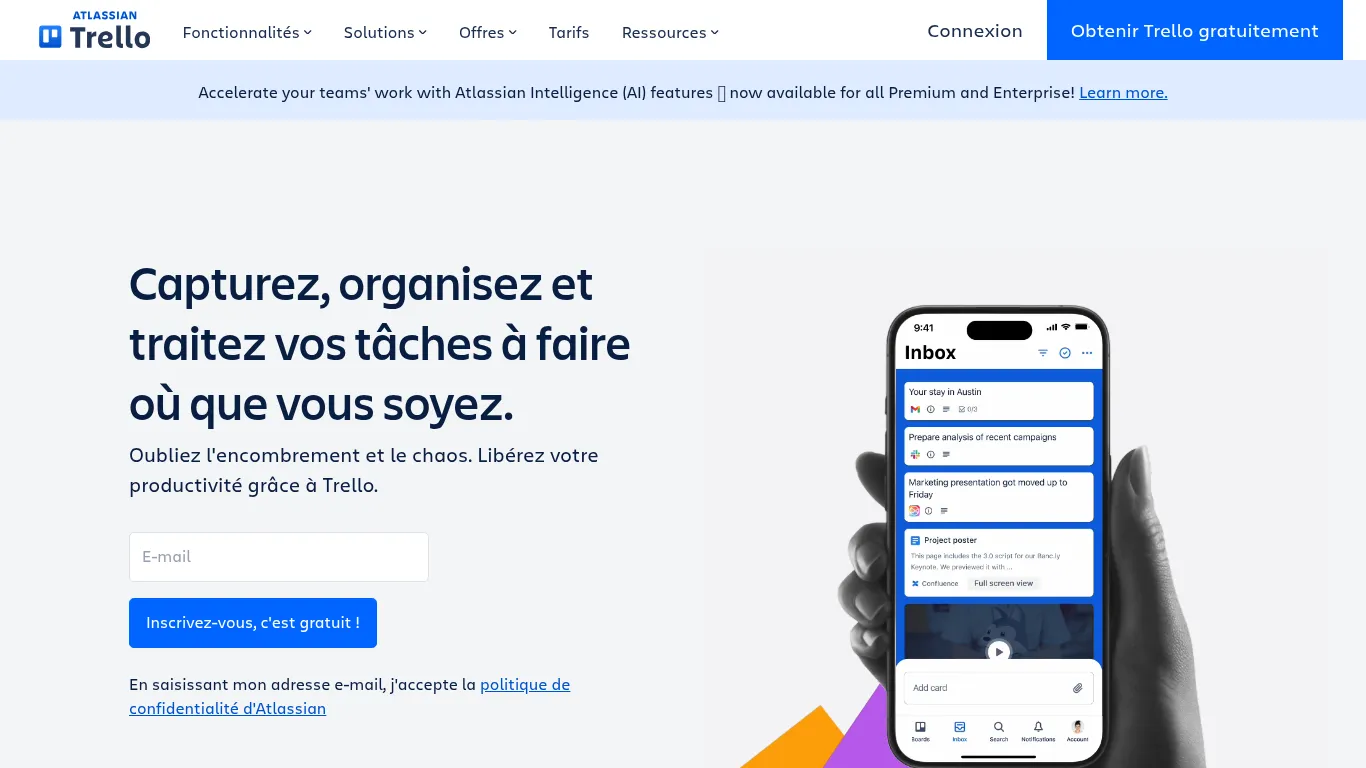 Page d’accueil Trello en français - aperçu du tableau et de la productivité