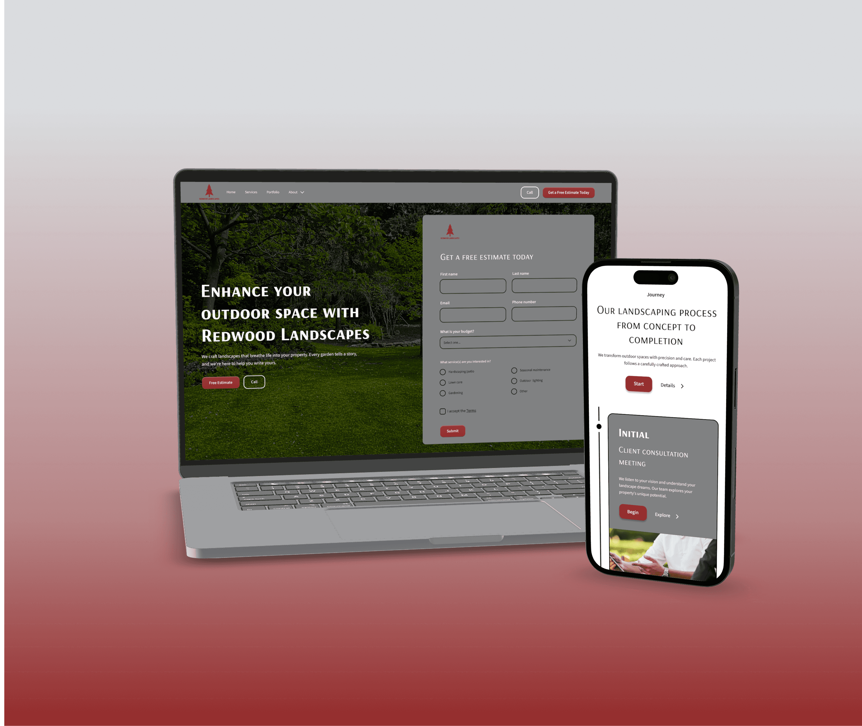 Laptop and smartphone mockups showcasing Redwood Landscapes website. Features a contact form and landscaping process info.