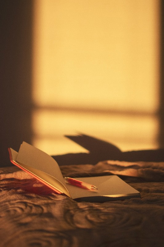 Notebook and pen on a bed in late golden light