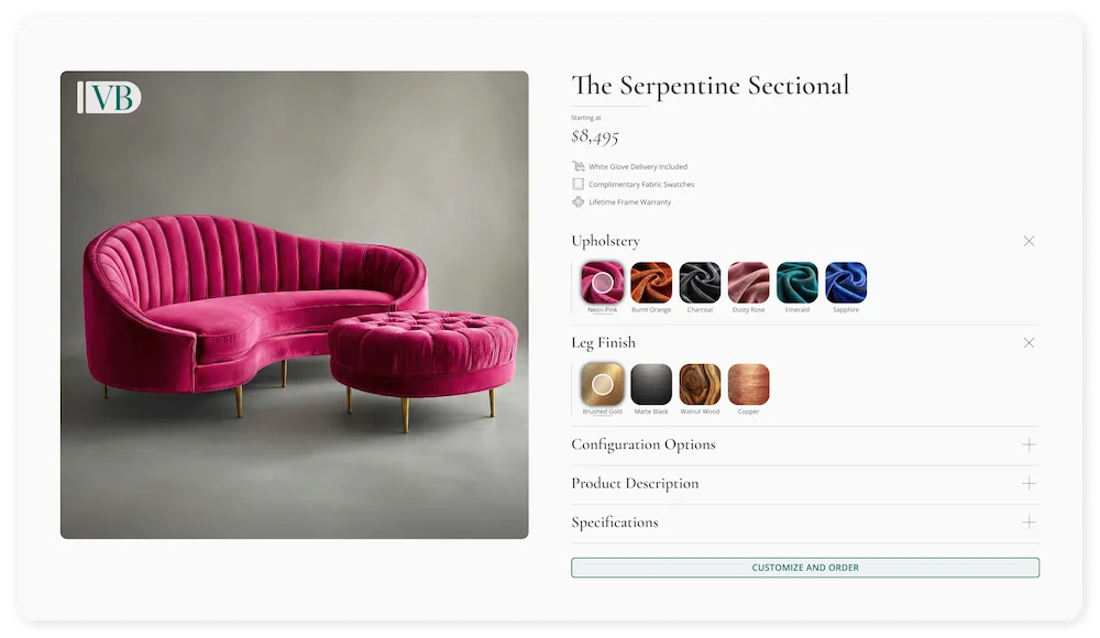 Vermillion Bliss product configurator page Figma mockup featuring neon pink velvet couch