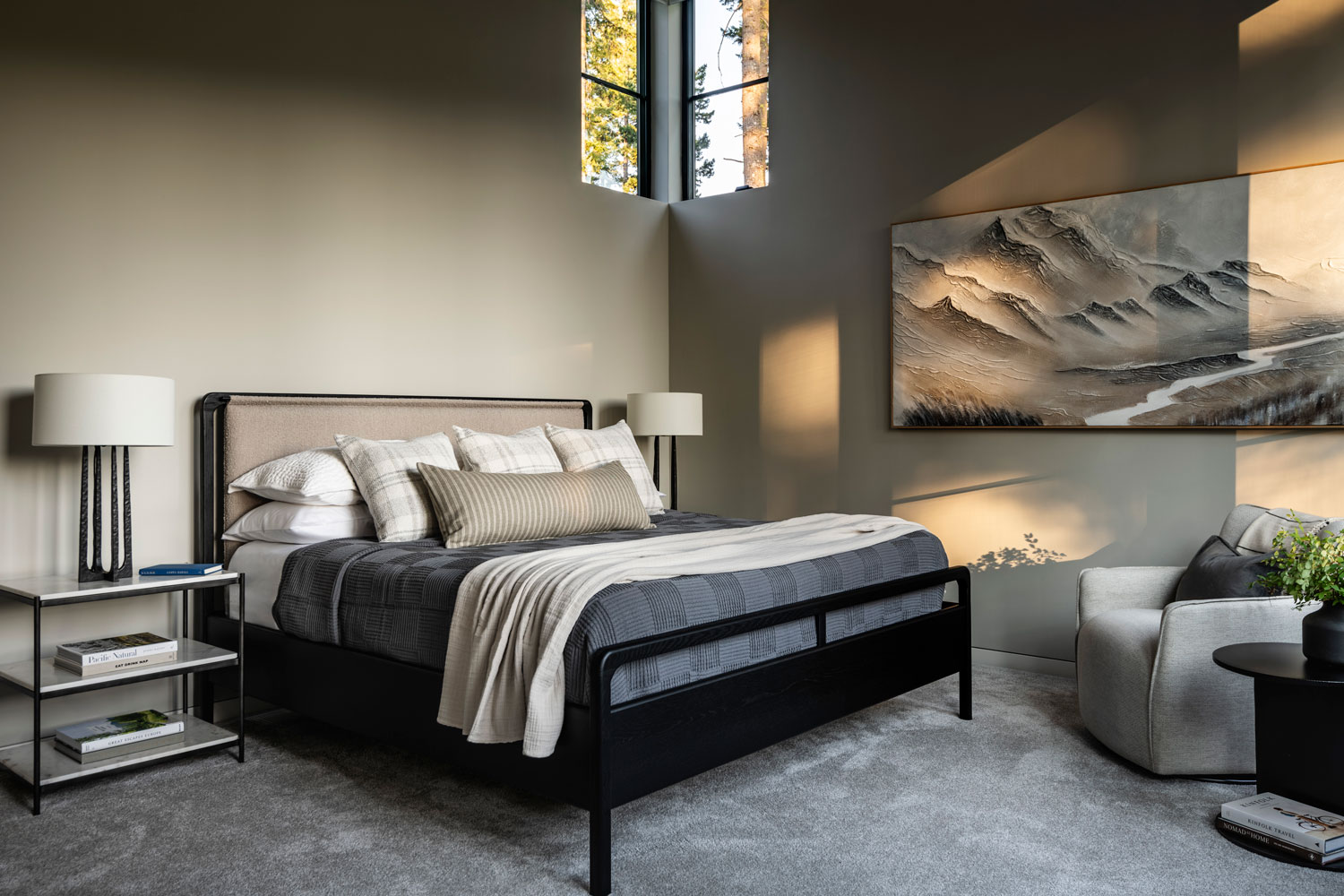 The master bedroom in the Suncadia house designed by Elegant Simplicity Interiors.  Full service interior Design by principal designer Sherri Monte. 