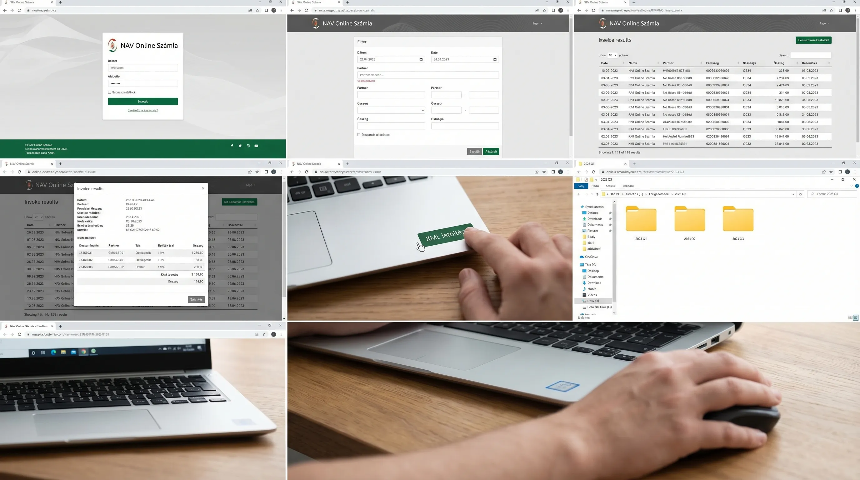 Illusztráció egy egyszerű folyamatról: NAV Online Számla belépés, számlakeresés szűrőkkel, találati lista, egy számla részletei, XML letöltése, mentés mappába időszak szerint.